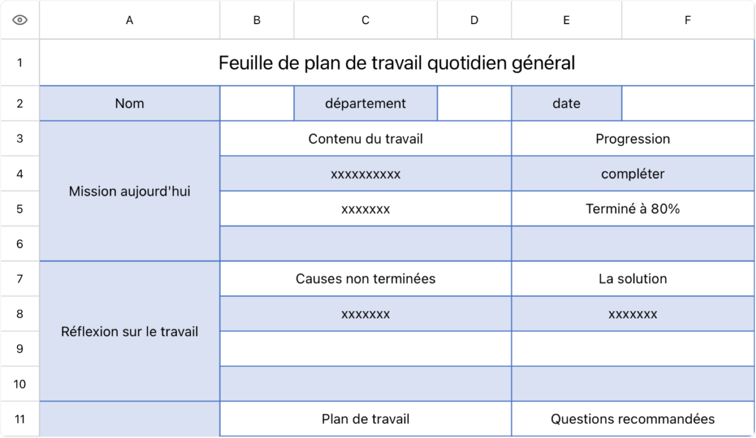 Feuille de plan de travail quotidien général